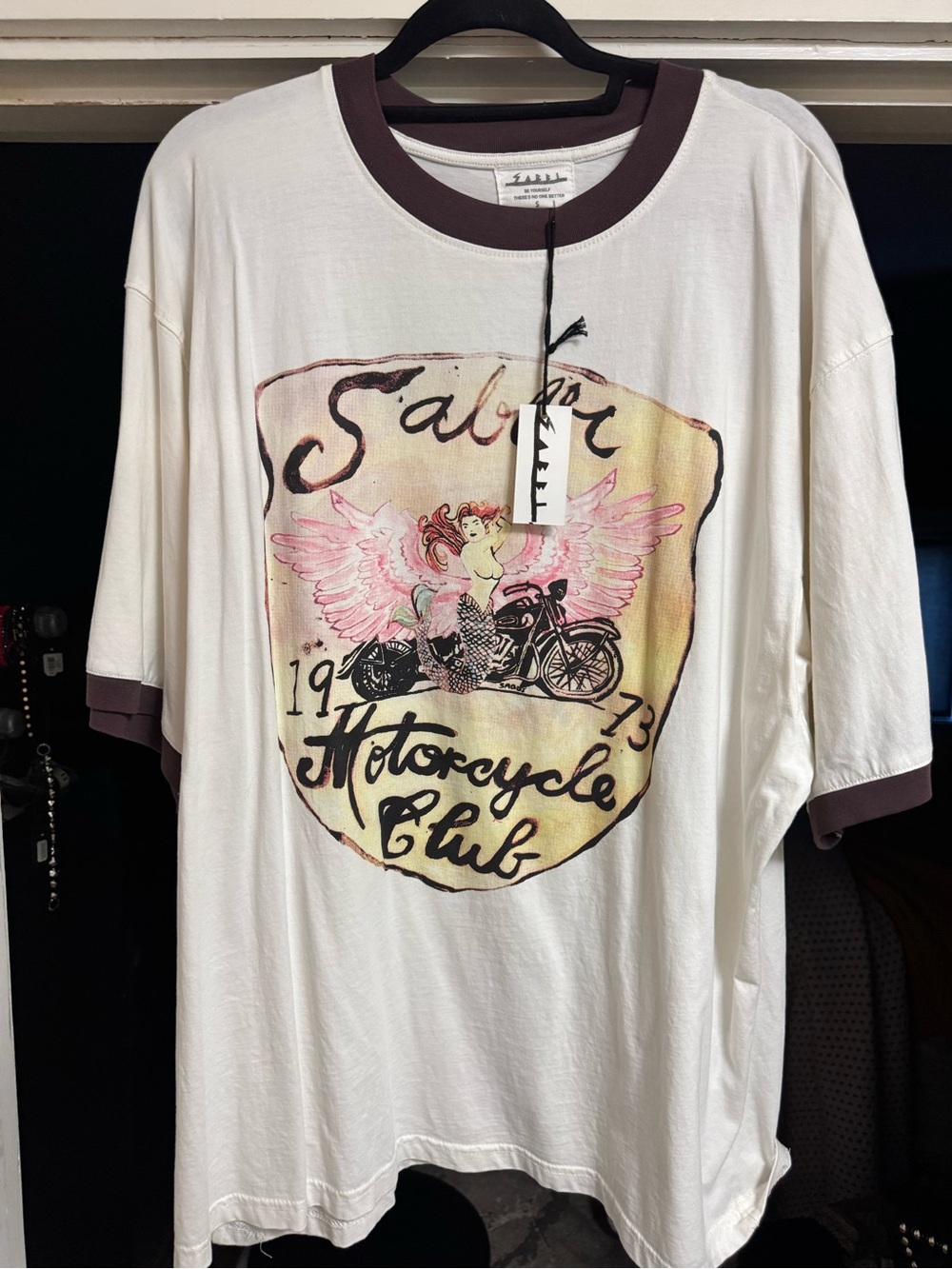 Sabbi Vintage Graphic Motorcycle Club Short Sleeve Tee - Cream with Brown Trim